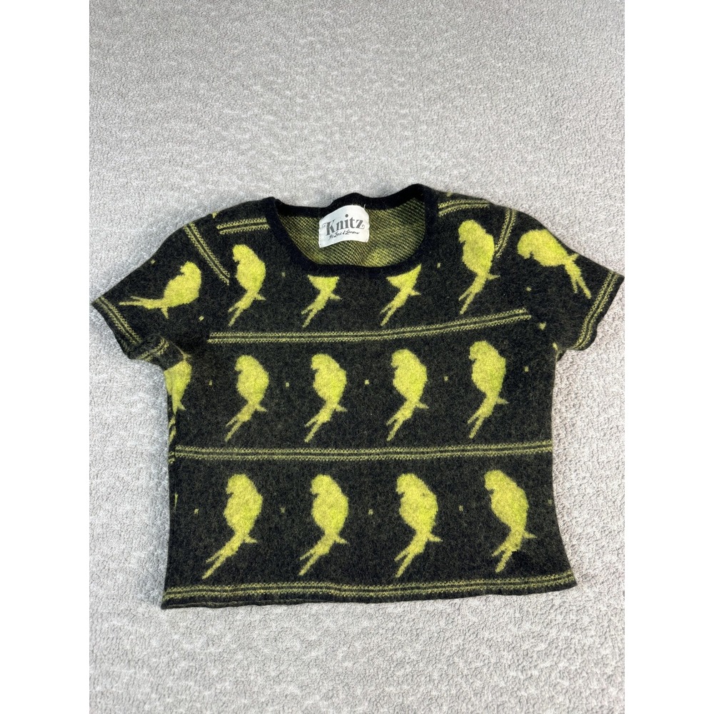 Knitz For Love & Lemons Sweater Womens XS Black‎ Bird Parrot Short Sleeve Knit